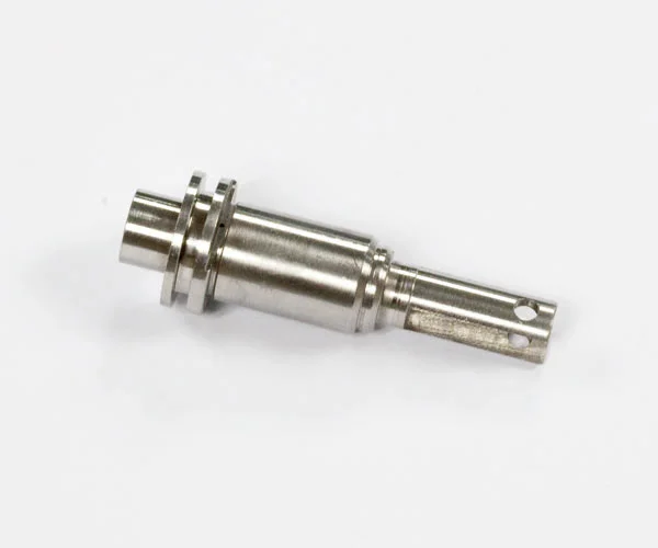 Nickel-plated precision steel shaft or valve stem with dual retaining grooves, stepped-diameter body, and a cross-drilled hole at the narrow tip end, on white background.